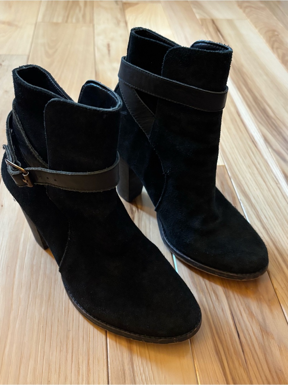 Dune London Black Suede Strap Accent Heeled Ankle Boots